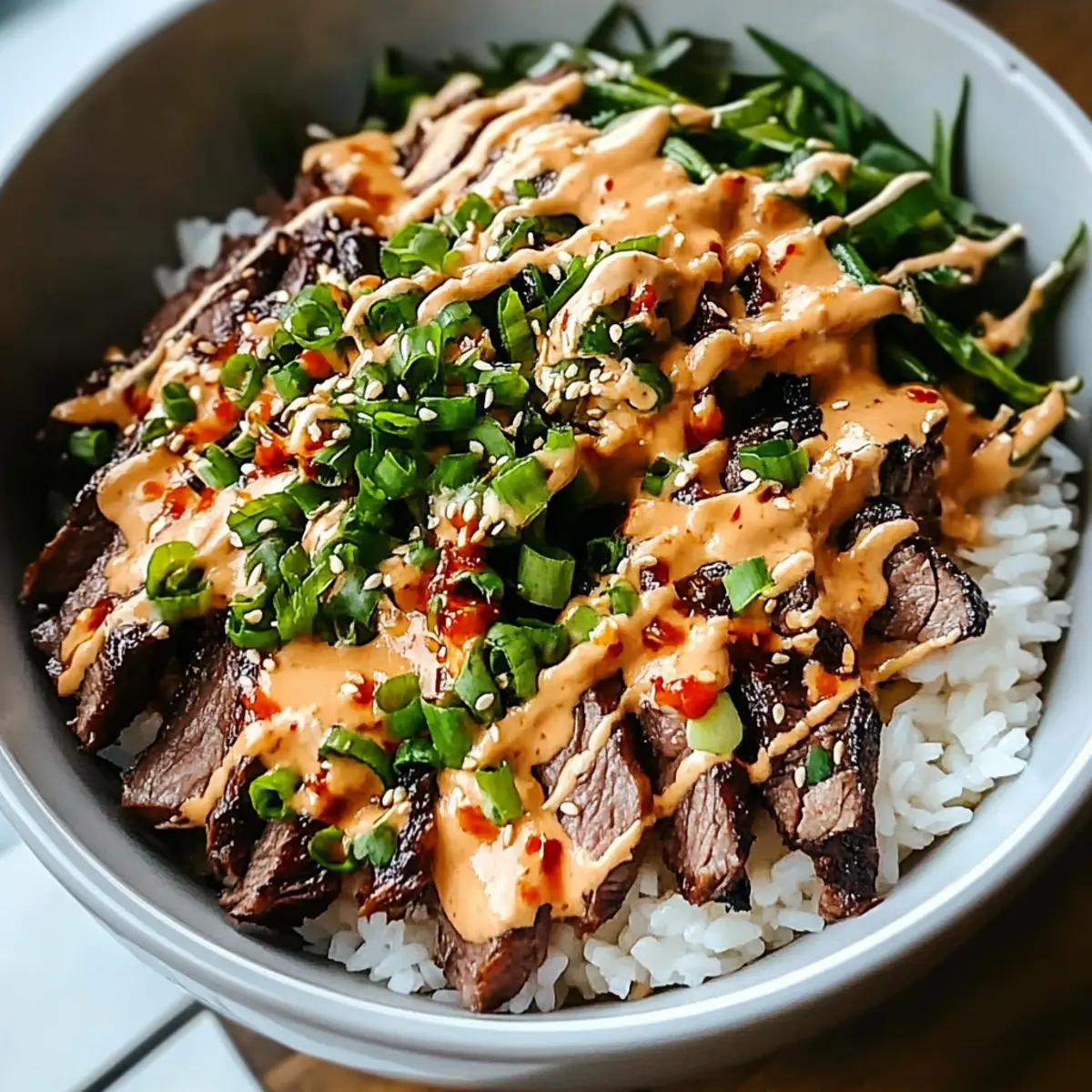 Korean BBQ Steak Rice Bowls with Spicy Cream Sauce