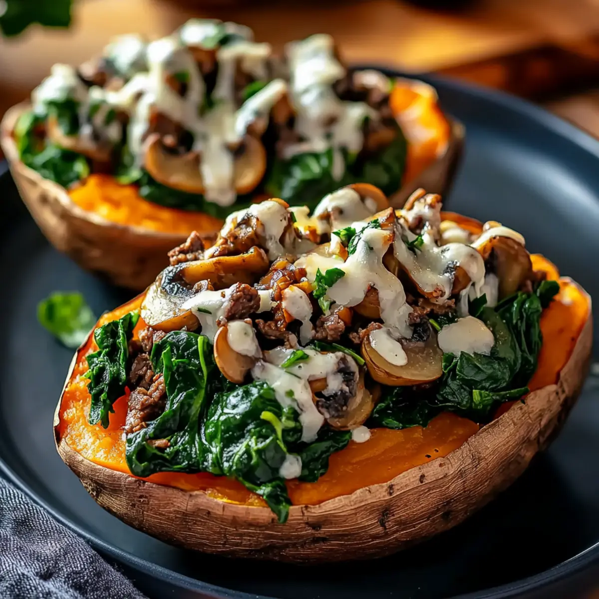 Stuffed Sweet Potatoes with Beef, Mushrooms & Spinach