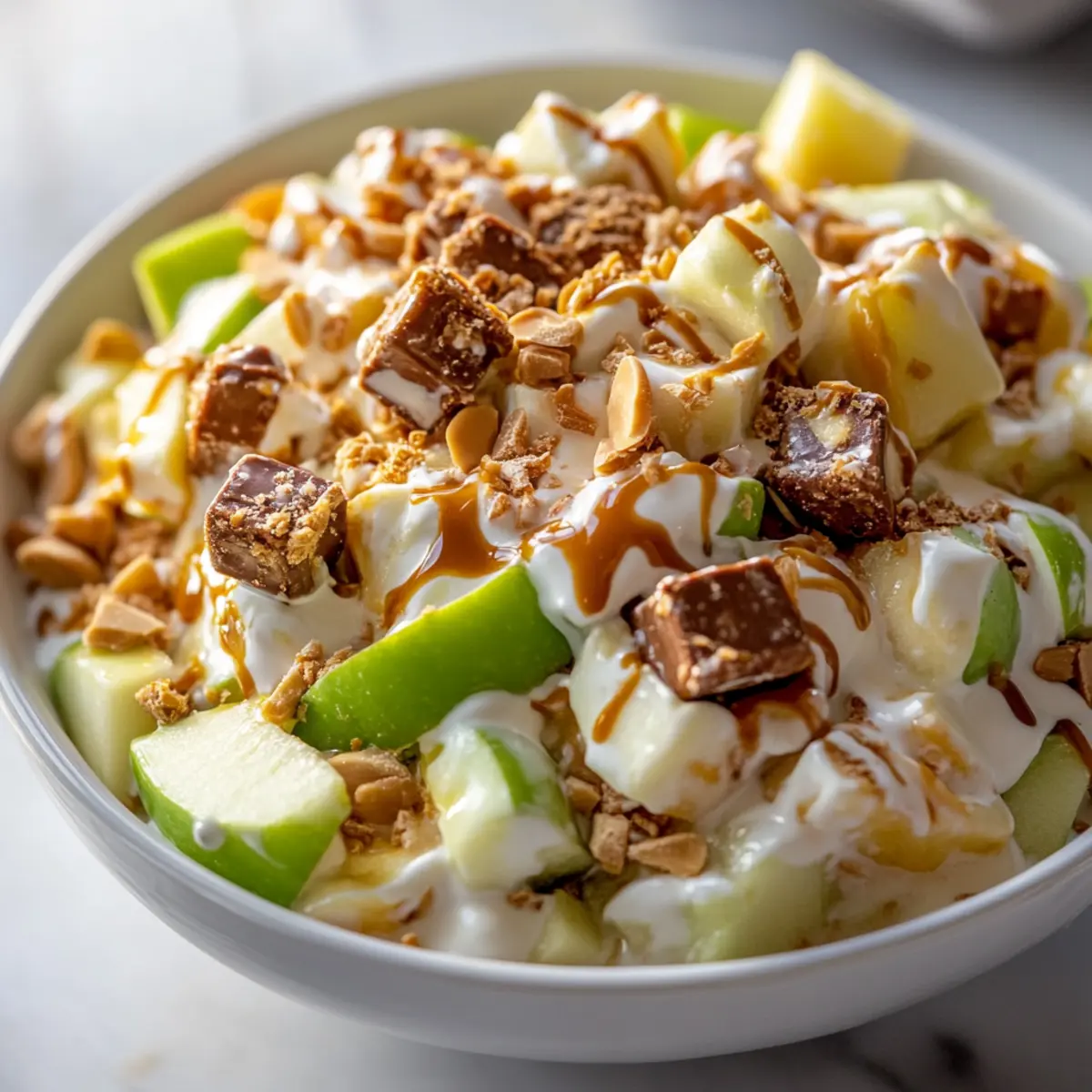 Creamy Caramel Apple Snickers Salad
