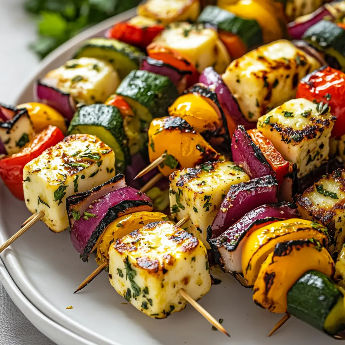 Greek Lemon Herb Halloumi Veggie Skewers
